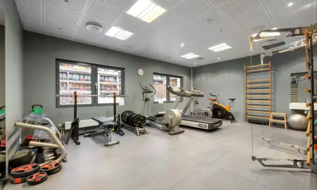 An empty exercise room with a treadmill, exercise bike, weight bench and wall bars